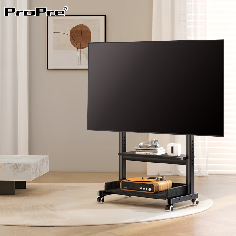 ProPre TV Mobile Stand 32-100 inches Universal TV Floor Stand Movable Stainless Steel/Wood Grain Wheels Living Room Bedroom TV Hanger TV Stand 32-85 inches Piano Black Wood Color + Double Layer Storage