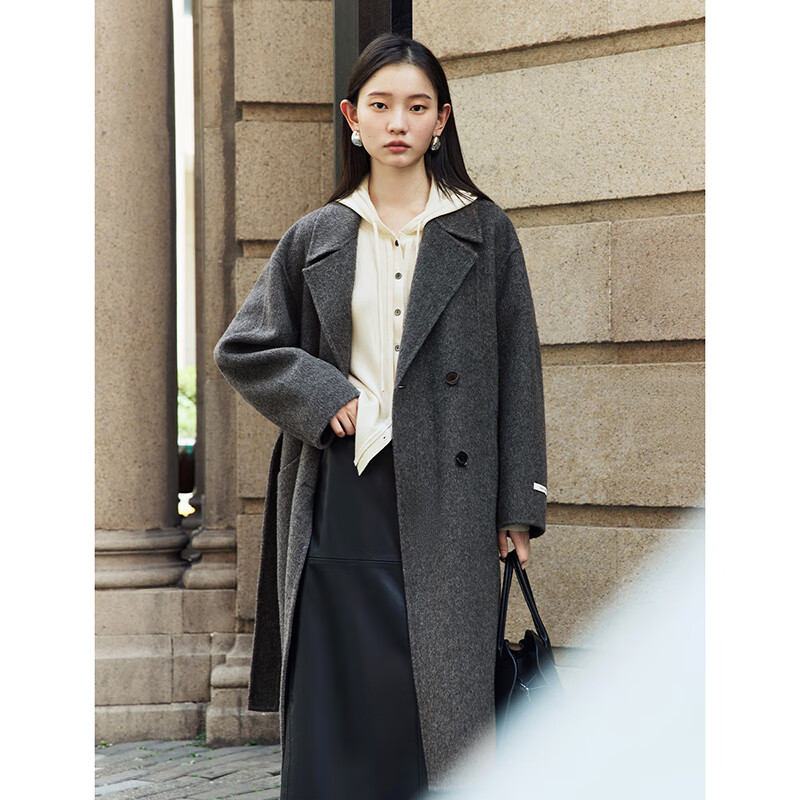 Ziqiao little black camel wool double-sided woolen coat for women 2024 winter new mid-length woolen coat medium gray 100% sheep wool XS (size 2)