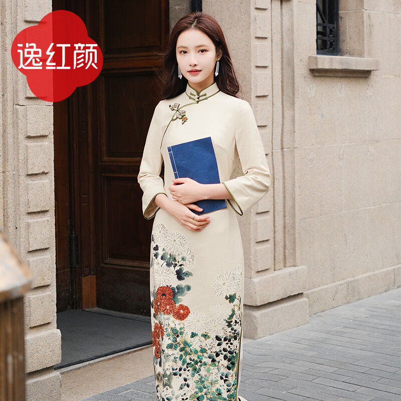 E.Beauty Nianchu 2025 Autumn New Arrival Knitted Positioning Printed Handmade Copper Wire Disc Button Cheongsam for Women Champagne M