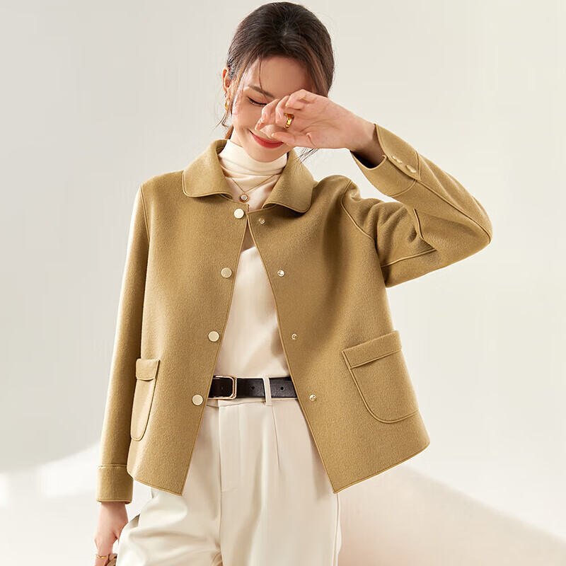 Shandubila short 100% wool coat for women petite autumn and winter casual double-sided woolen coat camel S