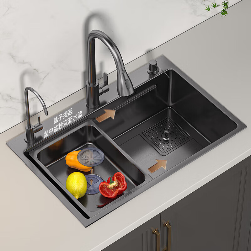 Jiumuwang sink large single-slot 304 stainless steel sink kitchen sink integrated basin large single-slot dishwasher 80X45 gun gray (pull-out faucet package)