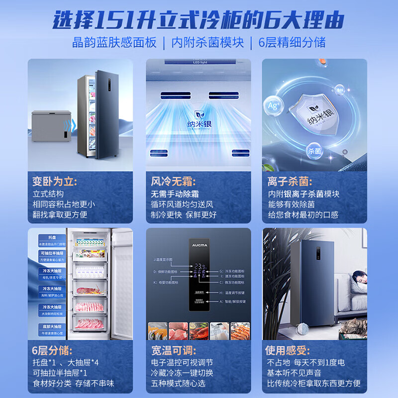 AUCMA vertical freezer household air-cooled frost-free low-temperature cryogenic quick-freezer refrigeration and freezing conversion dual-purpose 151/231/332 liter drawer-type mother and baby storage freezer BD-151WNE flagship Crystal Blue 151 liters