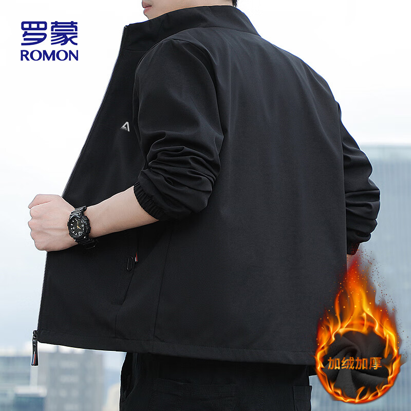 ROMON jacket men's trendy winter business executive stand collar casual windproof plus velvet jacket men's JK83 black 3XL