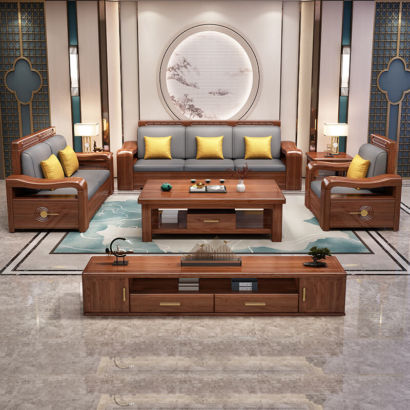 Mai Yayue Sofa Walnut Solid Wood Sofa New Chinese Style Living Room Size Winter and Summer Corner Storage Furniture Four Seats + Imperial Concubine + Coffee Table 8 Sets Ordinary Sponge Cushions