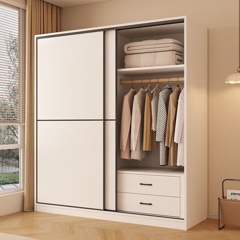 Baili Weiyi package installation solid wood wardrobe bedroom household sliding door cabinet thickened backboard large wardrobe wardrobe 160*200*60 main cabinet + top cabinet