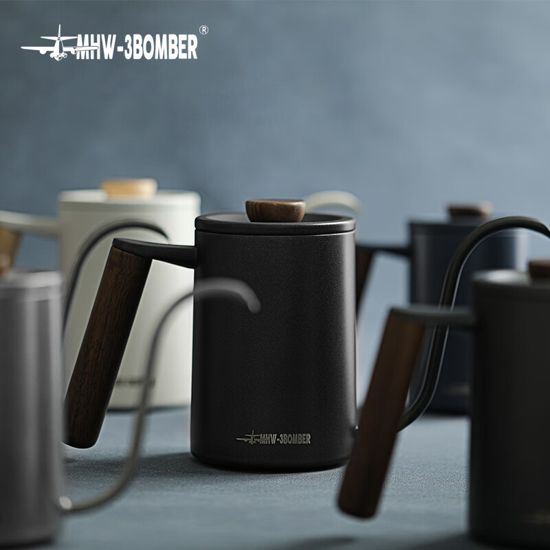 MHW-3BOMBER bomber coffee hand brewing pot, solid wood handle, stainless steel narrow mouth pot, planet hand brewing coffee pot, planet hand brewing coffee pot - matte black - 400ml