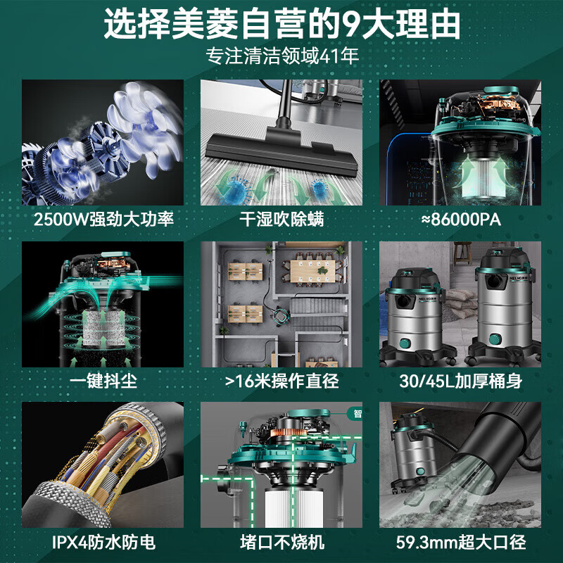 Meiling Industrial Vacuum Cleaner Household 3500W Peak High Power Super Suction Commercial Suction and Mopping Integrated Dry and Wet Blowing to Open up Wasteland Beautiful Seams Car Washing and Decoration Car Vacuum Cleaner