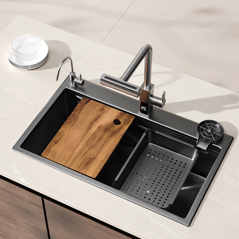 Jiumu Pool Raindance Waterfall Digital Display Wash Basin Kitchen Sink Thickened 304 Stainless Steel Nano Sink 80*45 Raindance Waterfall Digital Display Faucet Package