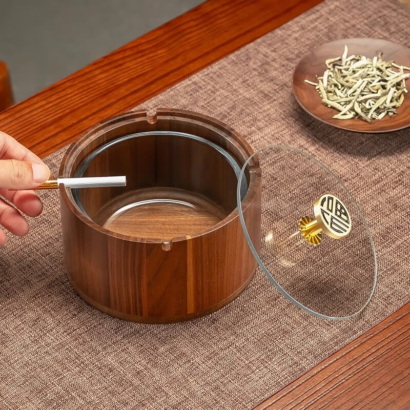 Genasi solid wood ashtray high-end anti-fly ash commercial office home living room hotel Chinese style ashtray with cover high-end round Jinfu brass handle glass liner