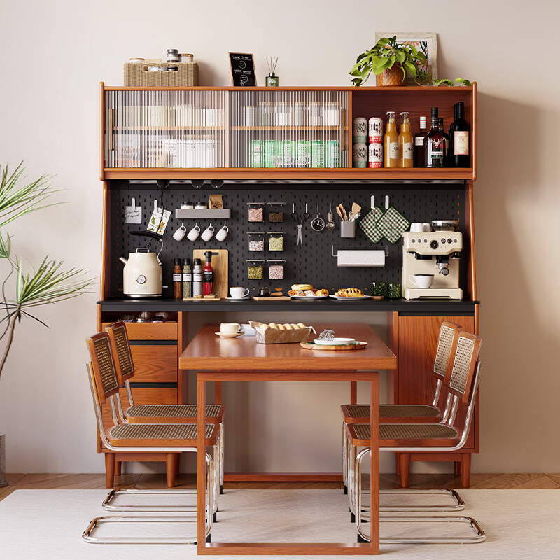 GOZEAL solid wood sideboard dining table integrated wall-mounted American wine cabinet kitchen cabinet small apartment storage cabinet oak storage cabinet whole cabinet-1.8m built-in table style