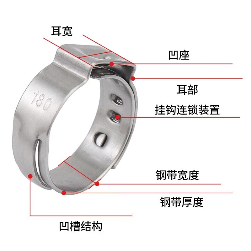 Jinchao 304 stainless steel single-ear stepless clamp strong clamp pipe clamp water pipe clamp fastening hose clamp oil pipe buckle 5.3-6.5mm (10 pieces)