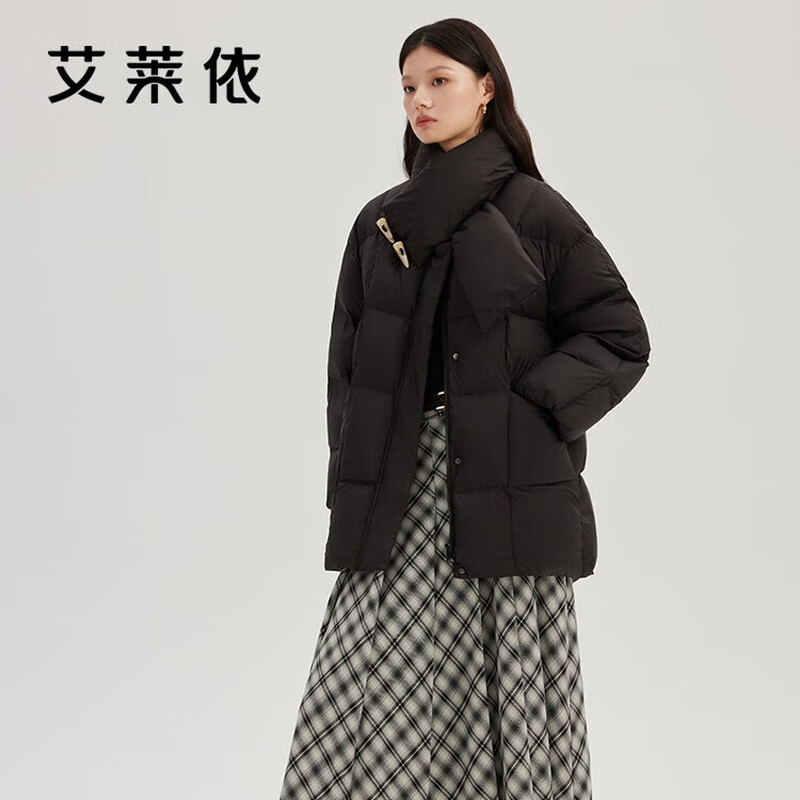 Ai Lai Down Jacket Women's Fashion Scarf Horn Button Mid-Length Windproof Warm Winter New Year Jacket Carbon Black S