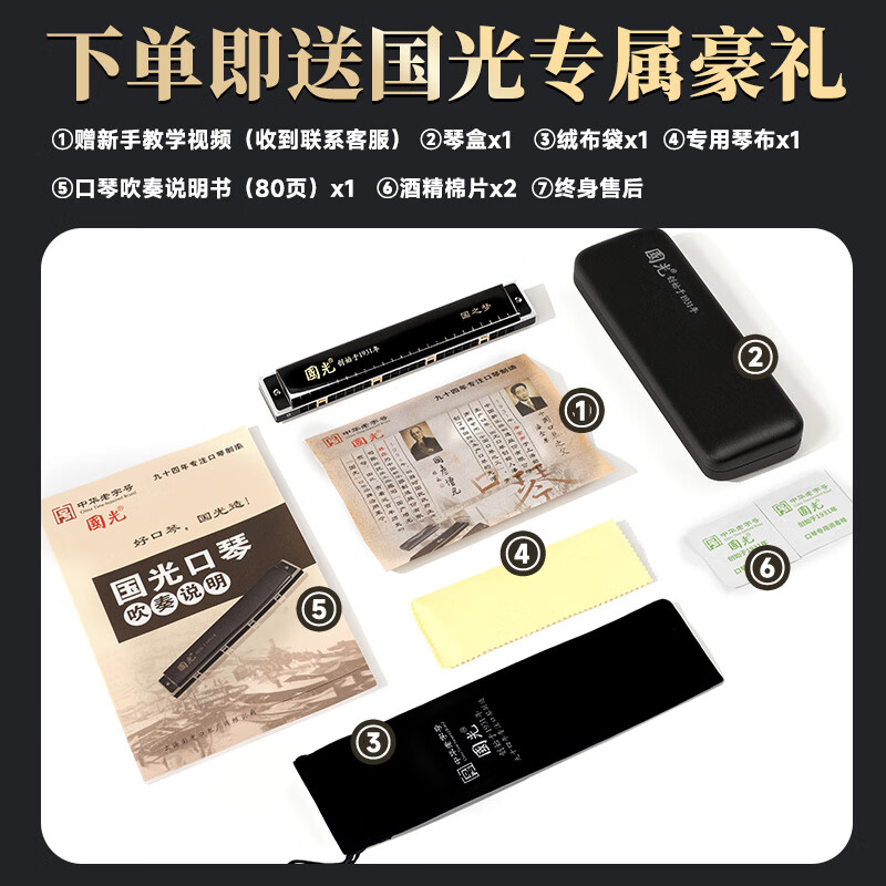 Guoguang 24-hole Guozhimeng competition-level polyphonic C-key Athens black harmonica (scale logo, with teaching materials)