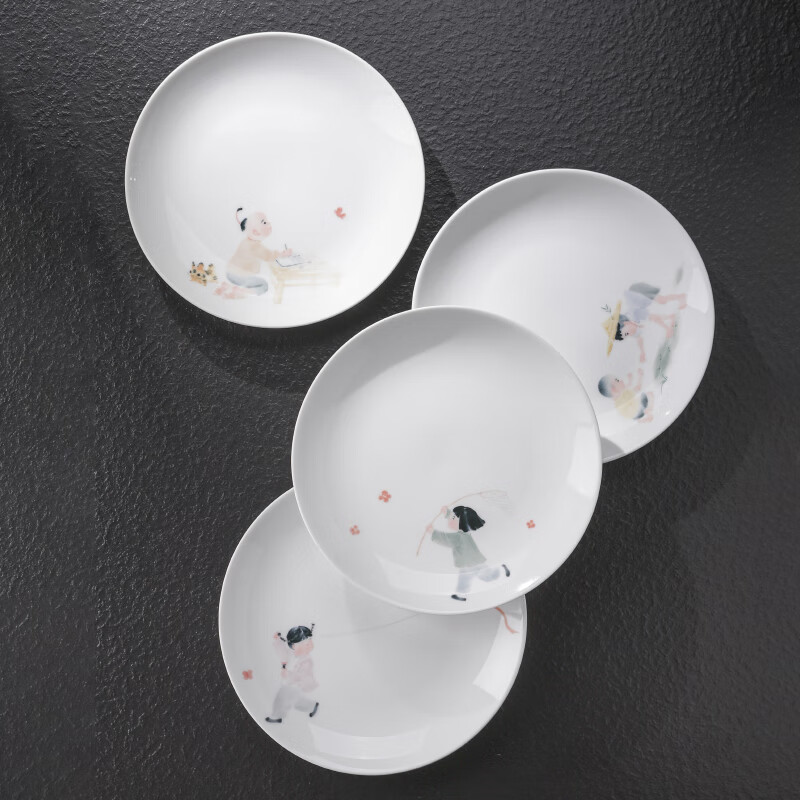 Jingdezhen official childlike ceramic children's tableware set, bowls and dishes, complete set of bowls and dishes, high-end gift box, gift box, childlike tableware-Tanchun large plate-3 plates