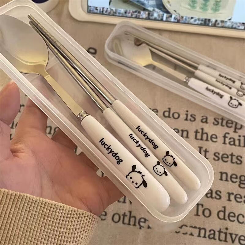 Jing porcelain spoon ins high-looking chopsticks spoon fork three-piece set cute portable tableware storage box for students and children lucky puppy chopsticks + fork free storage box 1-piece set