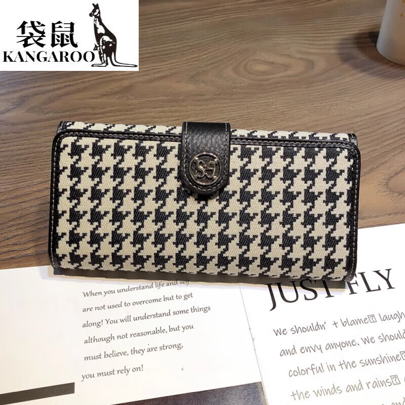 Kangaroo luxury brand Korean style lightweight long wallet for mobile phone, houndstooth bill holder with genuine leather clutch for women, black - first layer of cowhide inside