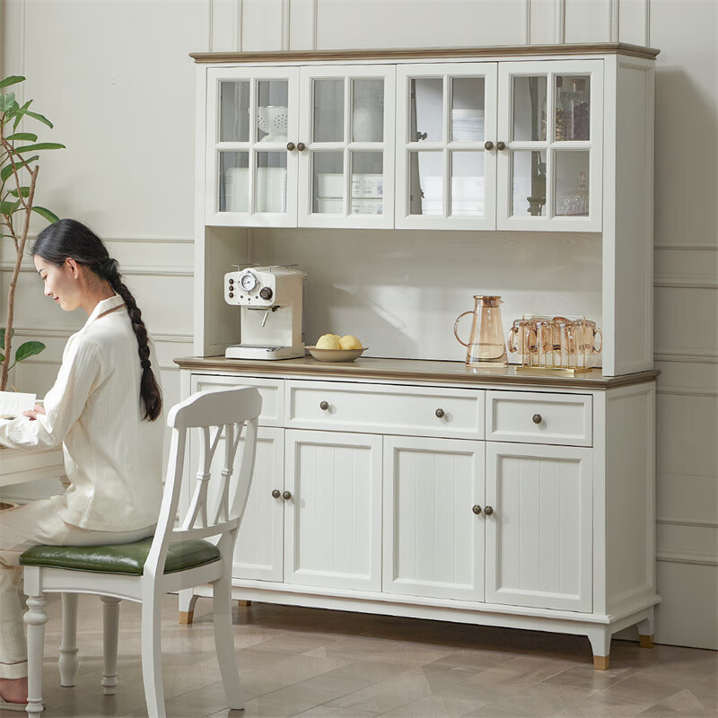 Jiumu Jiumei solid wood sideboard integrated wall high cabinet home living room multi-functional tea cabinet wine cabinet side cabinet storage storage cabinet 155cm upper and lower combination two-color