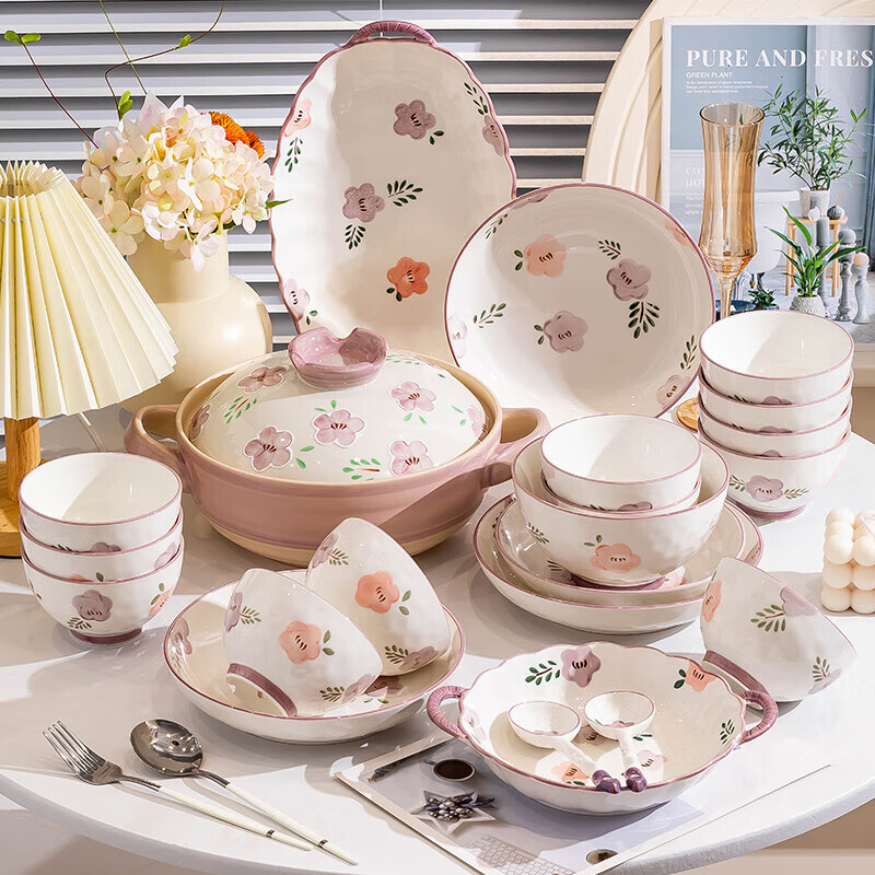 Shengxi dishes and tableware household fresh style dishes and dishes ceramic bowls and chopsticks complete set housewarming gift moving gift for 6 people with soup bowl gift box set 26 pieces