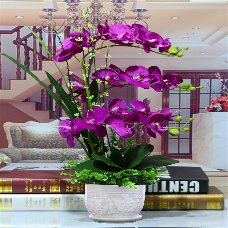 ENRMIIV Phalaenopsis artificial flower set living room ornaments fake flowers coffee table TV cabinet display flower decoration plastic flowers silk flowers 14 purple-red Phalaenopsis 45 cm high