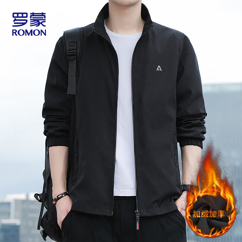 ROMON jacket men's trendy winter business executive stand collar casual windproof plus velvet jacket men's JK83 black 3XL