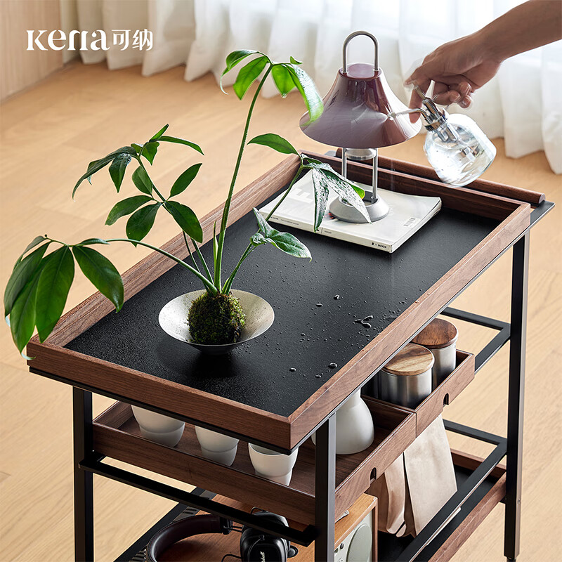 Kona Vans Black Walnut Solid Wood Trolley Storage Coffee Table Simple Living Room Movable Side Table Z Walnut-Ultra Light Aluminum Frame Trolley