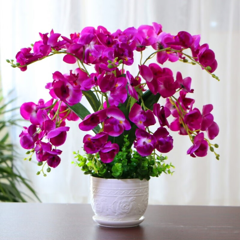 ENRMIIV Phalaenopsis artificial flower set living room ornaments fake flowers coffee table TV cabinet display flower decoration plastic flowers silk flowers 14 purple-red Phalaenopsis 45 cm high