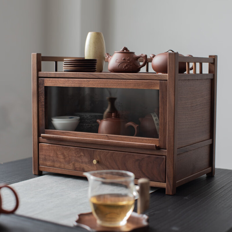 Mingjuyixin North American walnut tea set storage rack solid wood Bogu rack teapot teacup rack double-layer desktop tea table storage rack black walnut elegant single drawer storage cabinet