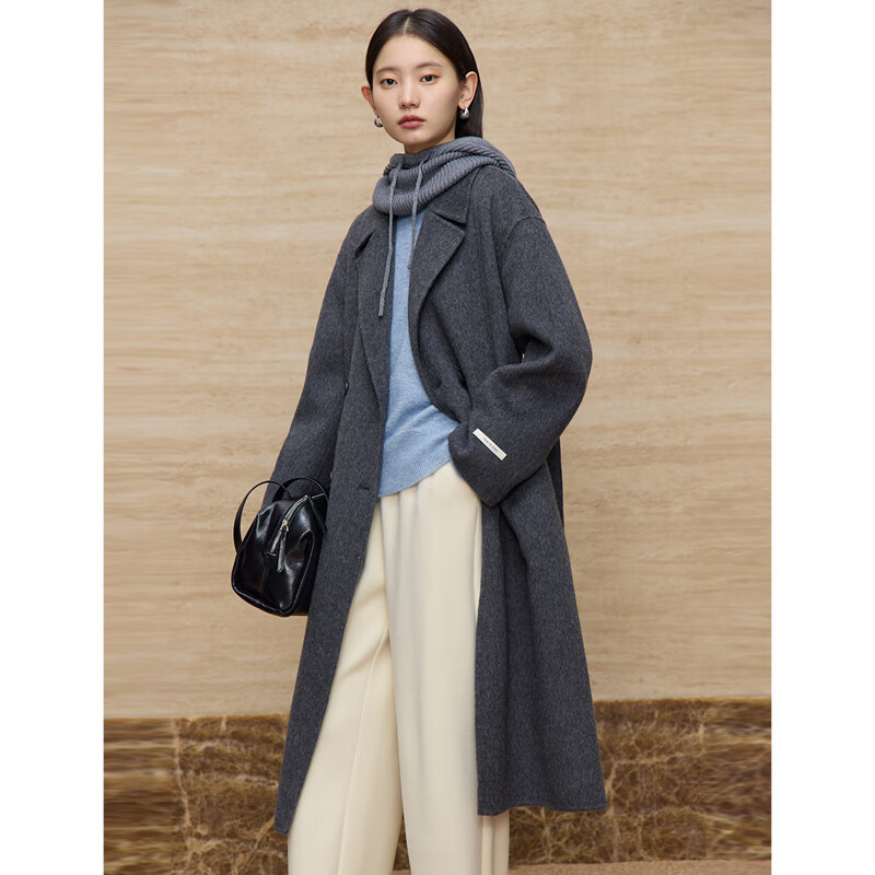 Ziqiao little black camel wool double-sided woolen coat for women 2024 winter new mid-length woolen coat medium gray 100% sheep wool XS (size 2)