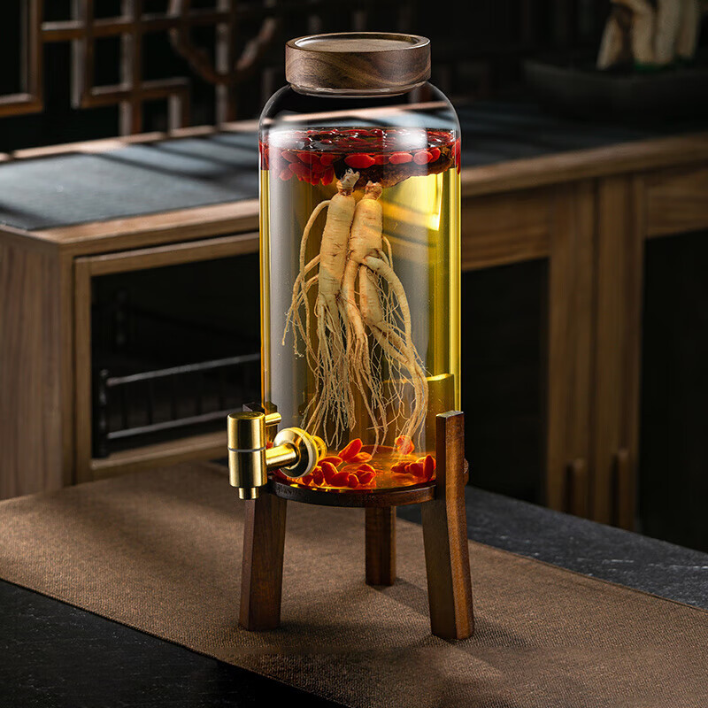 Genas glass wine bottle with faucet base wine container sealed jar household green plum and ginseng medicinal wine wine jar 4L