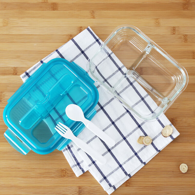 LOCK&LOCK heat-resistant glass fresh-keeping microwaveable refrigerated three-part lunch box for office workers and students fruit lunch box with fork and spoon 1L
