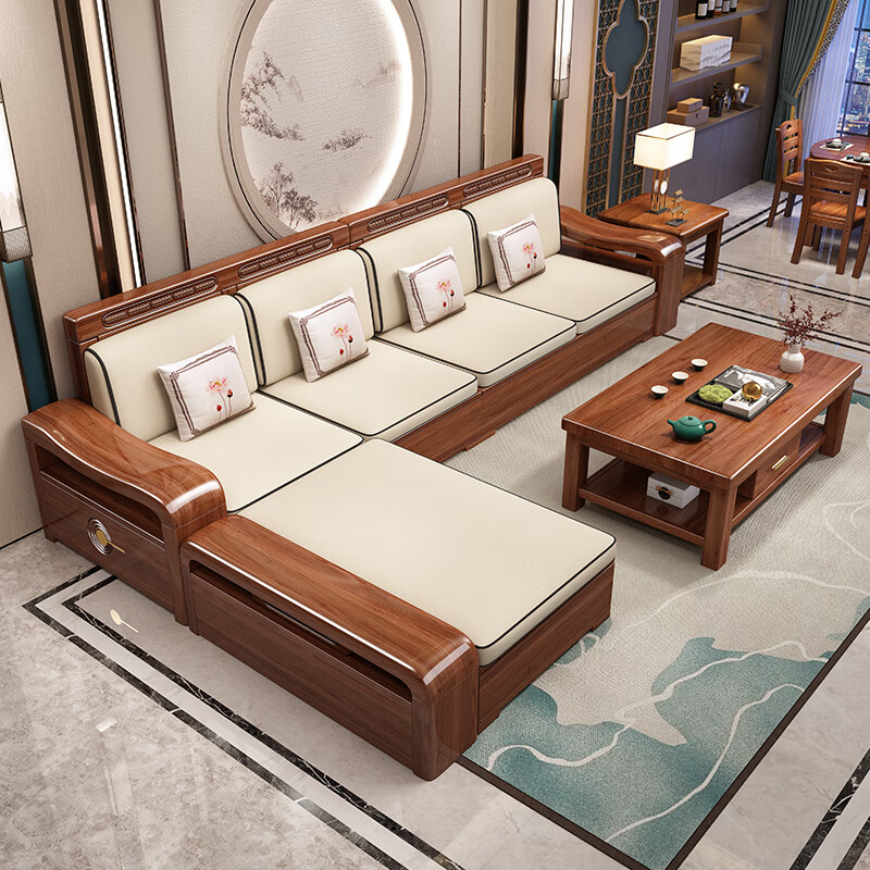 Mai Yayue Sofa Walnut Solid Wood Sofa New Chinese Style Living Room Size Winter and Summer Corner Storage Furniture Four Seats + Imperial Concubine + Coffee Table 8 Sets Ordinary Sponge Cushions