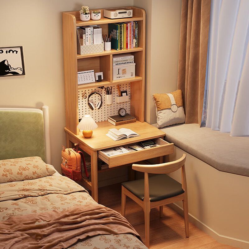 Grubi solid wood desk bookshelf integrated table with perforated board student study table home small apartment bedside office computer table desk + bookshelf + horn chair*1 Remarks color 80cm*60cm*75cm