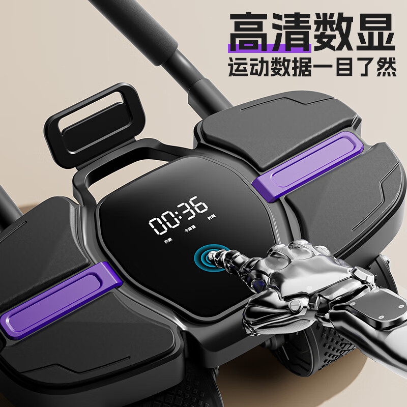 He Jiagong Four-Wheel Abdominal Wheel Automatic Rebound 2024 New Men's Home Fitness Roll Training Abdominal Muscles and Belly Slimming Magic Equipment Abdominal Muscle Training/Tummy Slimming 3-piece Set Upgraded LCD Large Screen-Samurai Black + Abdomen Strengthening