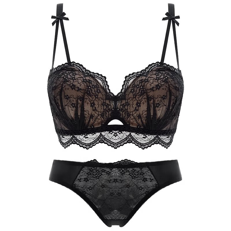 Yunshun underwear set for women, push-up underwear for women with small breasts, thickening to show larger side breasts, sexy underwear set, black lace underwear set-36/80AB