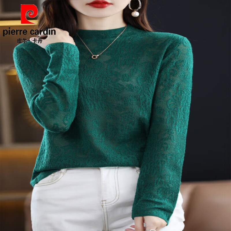 Pierre Cardin (Pierre Cardin) Lace Bottoming Top Women's Spring Autumn Winter 2026 New Style Mother's Long Sleeve Half Turtle Collar Top Women's Lace Gray 2XL Recommended 125-140 catties