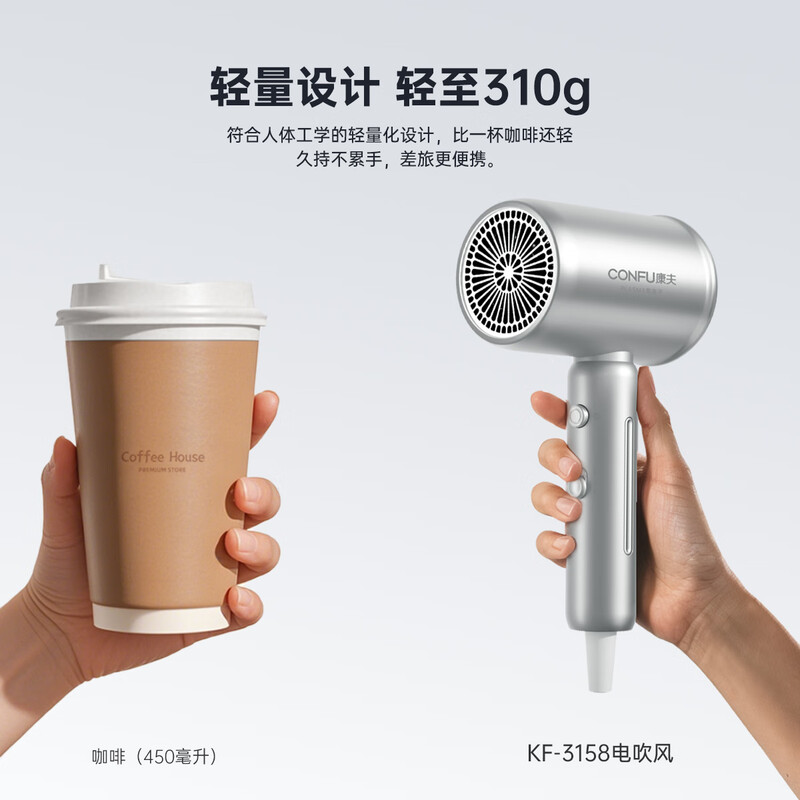 CONFU 550 million plasma hair dryer gift, strong wind, compact, quick-drying, hair care, portable dormitory home hair dryer 1600W KF-3158 Phantom Silver