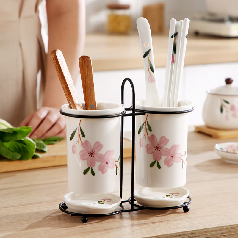 Domeiran Kitchen Ceramic Chopstick Tube Chopstick Basket Drain Household Tableware Storage Box Chopstick Cage Chopstick Basket Spoon Chopstick Box Sakura Double Tube (White Rack) Does Not Include Chopsticks