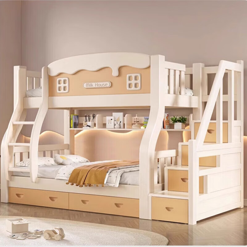 Leiyang all solid wood upper and lower bed, cream style cartoon bunk bed, small apartment multi-functional wooden bed double solid wood high and low bed, ladder cabinet upper 115 lower 135 bookshelf drawer mattress * 2 package installation