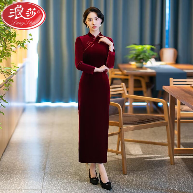 LangSha improved cheongsam autumn and winter plus velvet and thickened gold velvet 2024 new style noble dress for mother-in-law wedding banquet mother red plus velvet 2XL suitable for 120-130 pounds