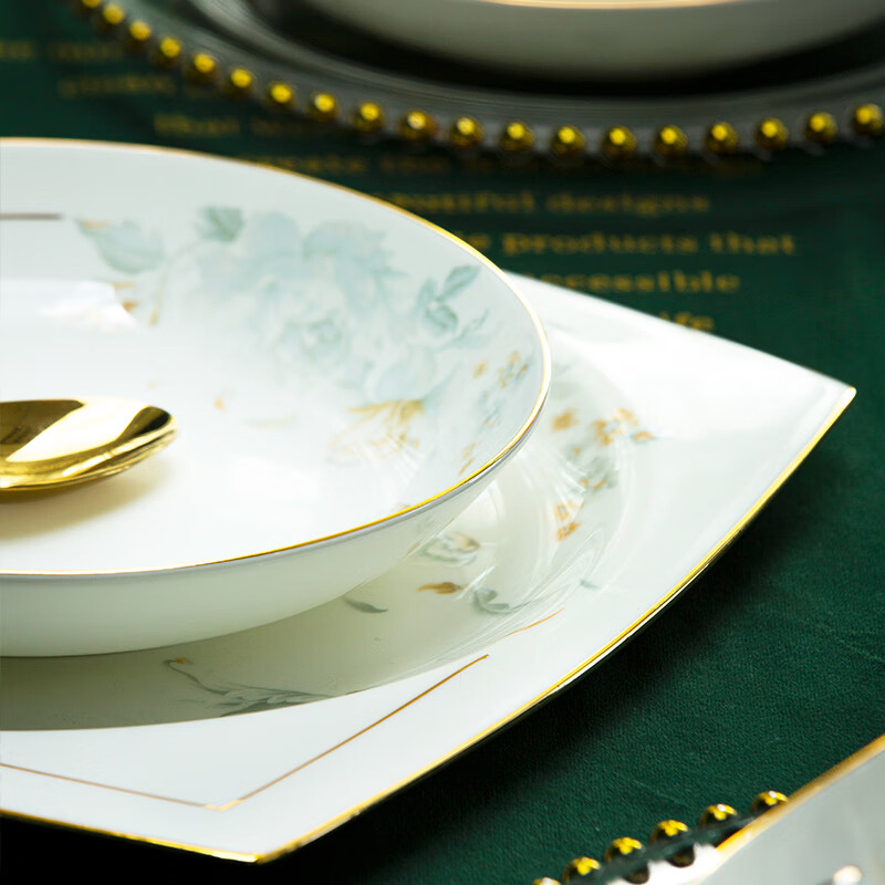 Jingci Jingdezhen Light Luxury Bone China Tableware Set Chopsticks, Plate, Bowls, High-end Hotel Housewarming and Wedding Gift, Madam | Food for 6 | 38-piece Set