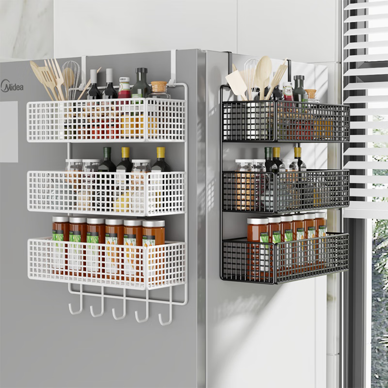 Zhizhi Yifan refrigerator storage rack side multi-functional hanging rack kitchen utensils without punching multi-layer cling film seasoning bottle storage rack black-three-layer large bold hook style