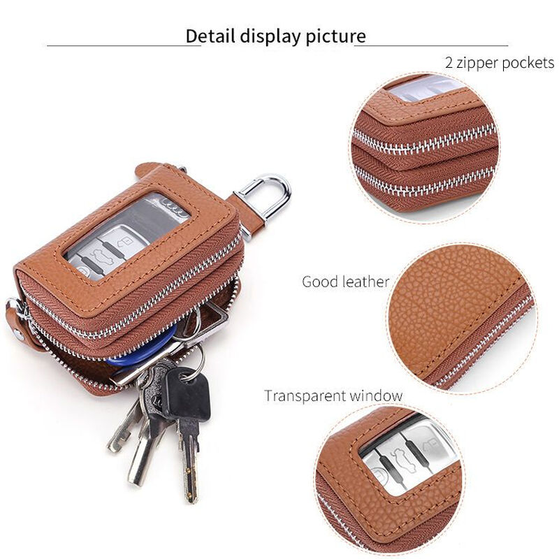 Ye Yu genuine leather double layer key bag women's universal home car key buckle protective cover pure leather portable transparent window remote control 9005 litchi brown
