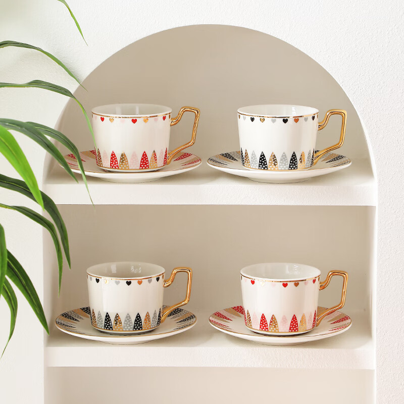 WOOCH Love at First Sight coffee cup with four saucers gift box for couples moving to a high-end new home, business, birthday, wedding souvenir Love at First Sight 4 cups and saucers - red gold + gray gold + white gift box