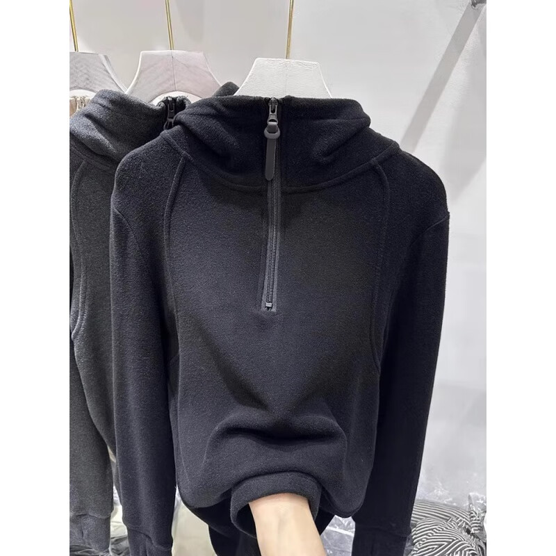 Yalu European double-sided German velvet inner bottoming shirt for women in autumn and winter half-zip hooded sweatshirt American loose top dark gray high-end and super good-looking sweatshirt/sweatshirt L