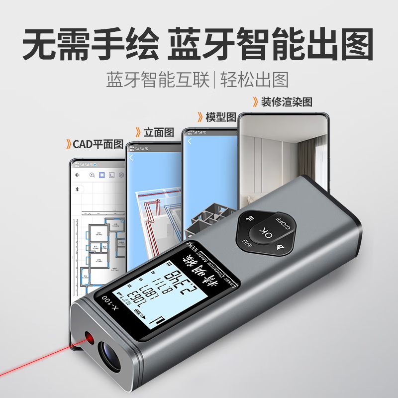 Smart Monkey Laser Distance Meter High-Precision Infrared Measurement Ruler Cross Line Bluetooth CAD Electronic Ruler Measuring Instrument Room Measurement Instrument 40M Drawing + Laser Cross Marker + Electronic Angle