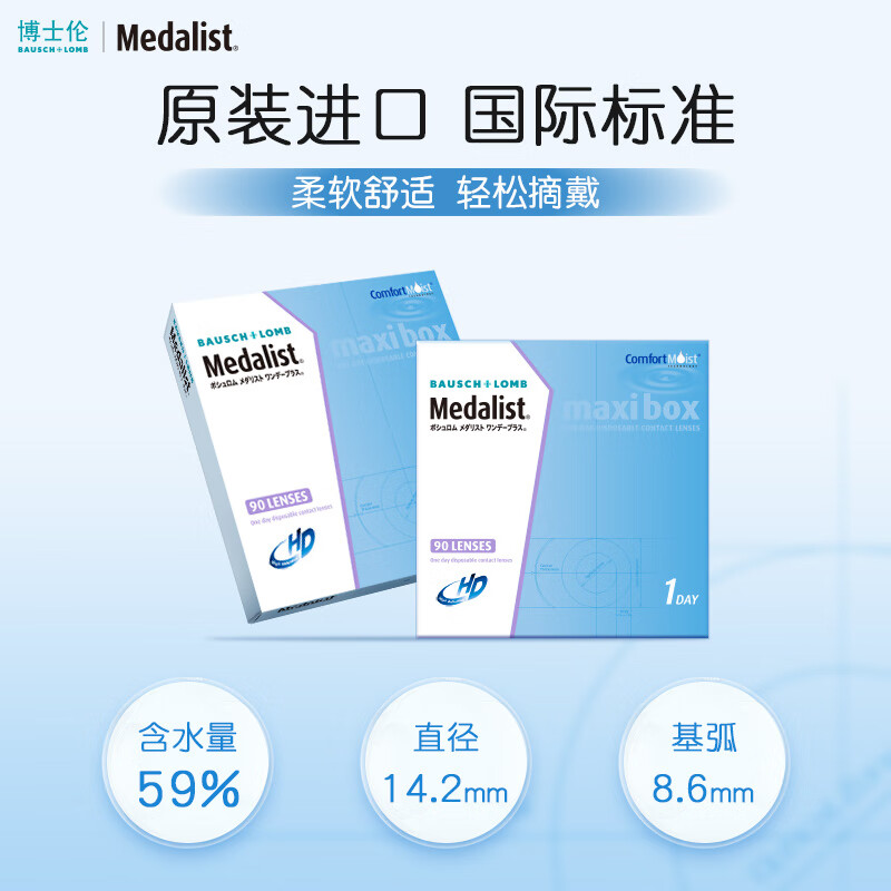Bausch & Lomb daily disposable contact lenses 90 pieces Medalist transparent myopia high definition original imported comfortable and moisturizing 900 degrees