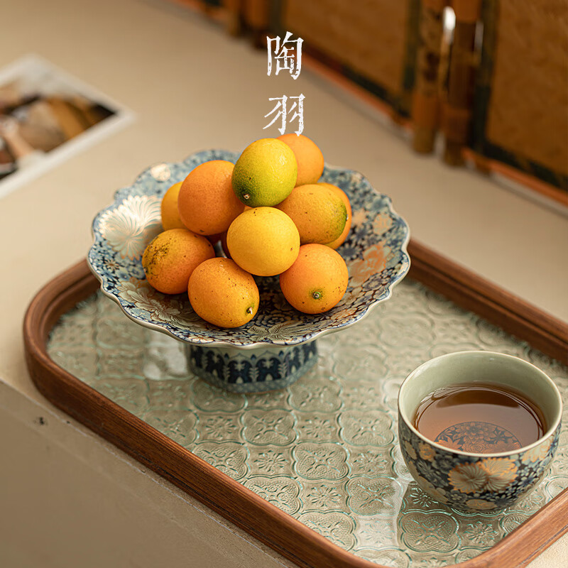 Tao Yu Ru Kiln Flower Tea Dessert Plate Fruit Plate Tall Plate Dessert Fruit Chinese Style Tall Plate for Buddha Pastries Ceramic Small Plate Imitation Song Ru Kiln Flower 143 Fruit Plate