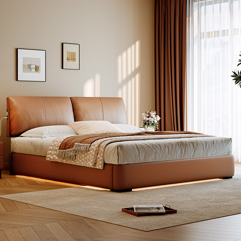 Dongxiong ultra-thin bedside side-opening storage three-drawer bed small apartment space-saving box with flush elephant ear leather bed first layer cowhide bed/full solid wood beech wood rib frame 1500mm*2000mm box side-opening three drawers