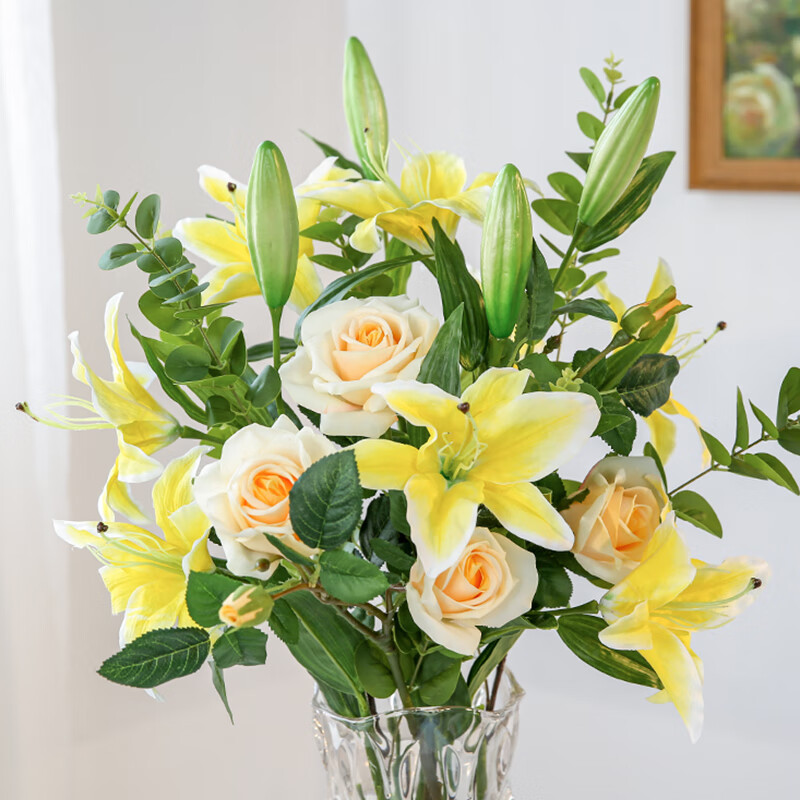 Fascinating makeup artificial flower high-branch lily flower simulated bouquet single living room TV cabinet dining table decoration simulated flower set flower 3 white 3 pink perfume lily + 2 leaves 2 baby's breath (not including vase)