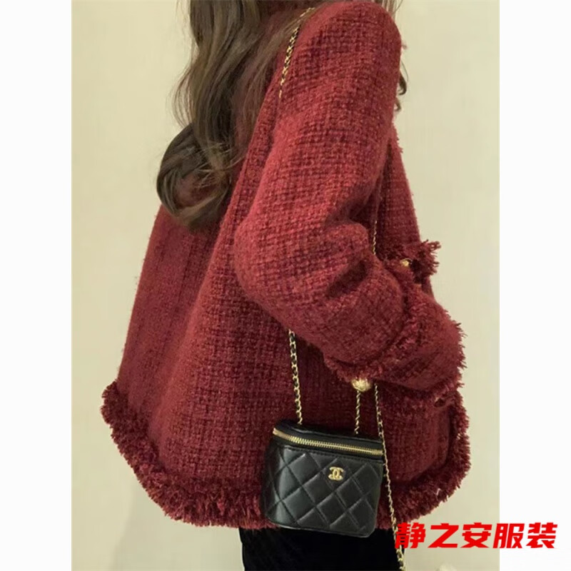 Ma Feixuan French style red small fragrant coat for women in autumn and winter new style ladylike short tweed top burgundy - autumn and winter coat for women with velvet S - autumn and winter coat for women with velvet